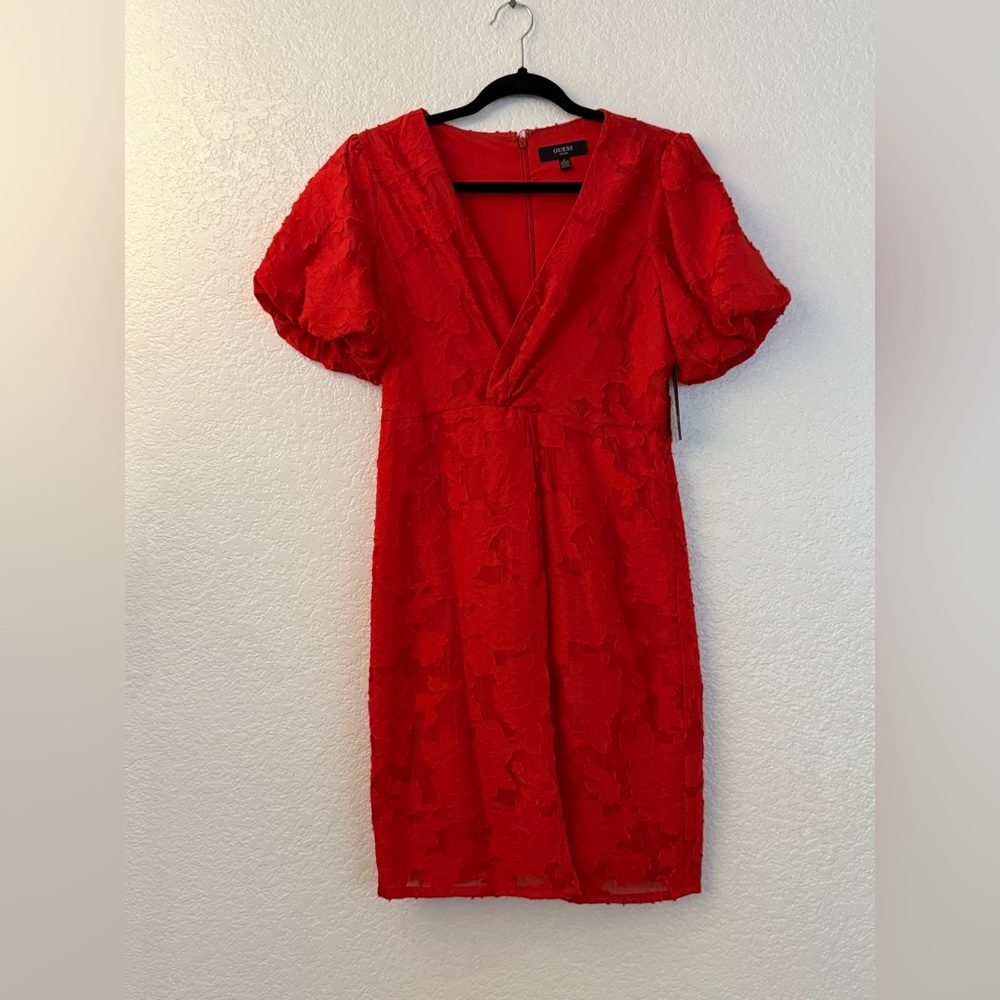 Guess Red Sheath Midi Dress with Puff Sleeves